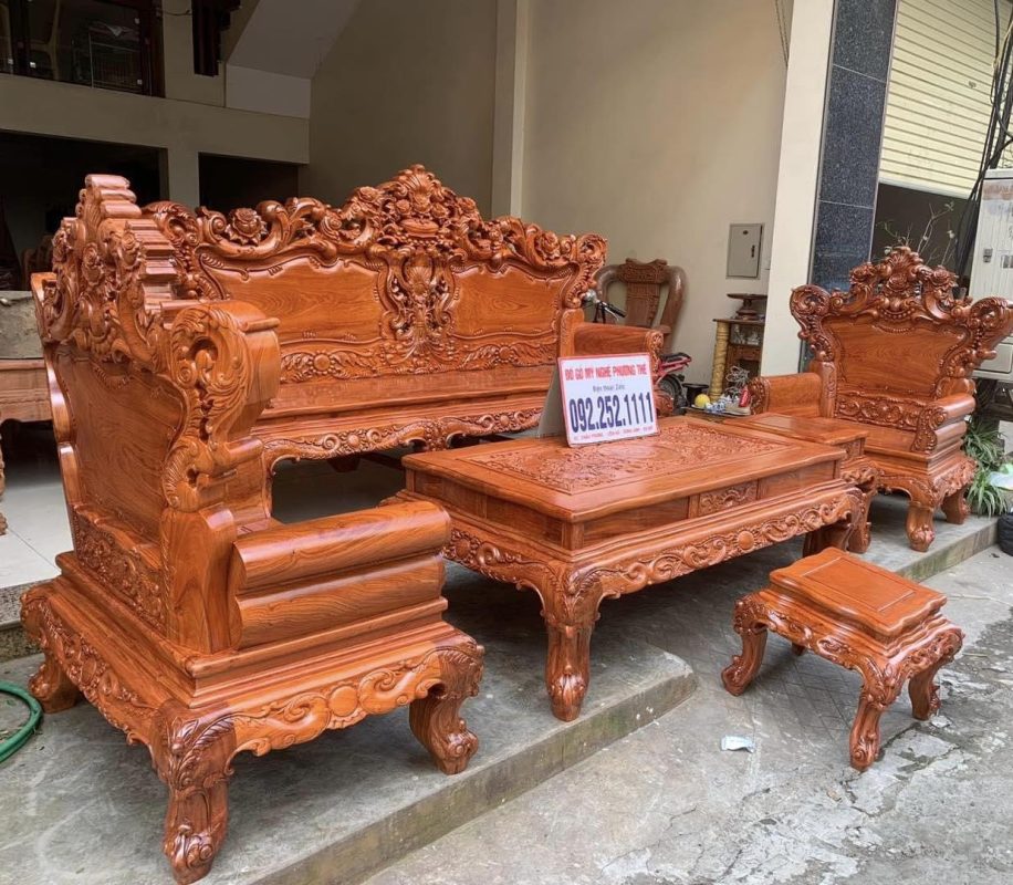 Bộ bàn ghế hoàng gia gỗ hương đá 6 món (chân 14)